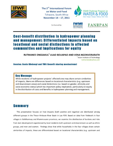 Cost-benefit distribution in hydropower planning and management: Differentiated impacts based on locational and social distinctions in affected communities and implications for equity
