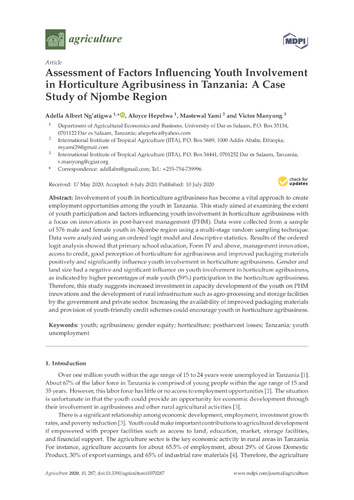 Assessment of factors influencing youth involvement in horticulture agribusiness in Tanzania: a case study of Njombe region
