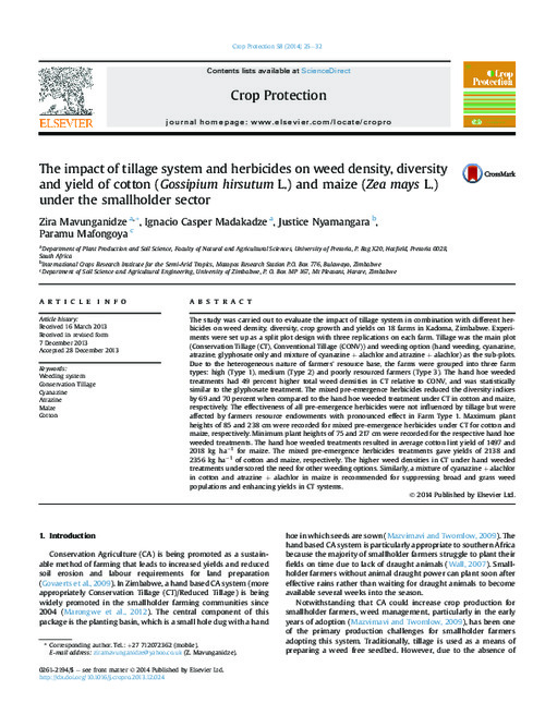 The impact of tillage system and herbicides on weed density, diversity and yield of cotton (Gossipium hirsutum L.) and maize (Zea mays L.) under the smallholder sector