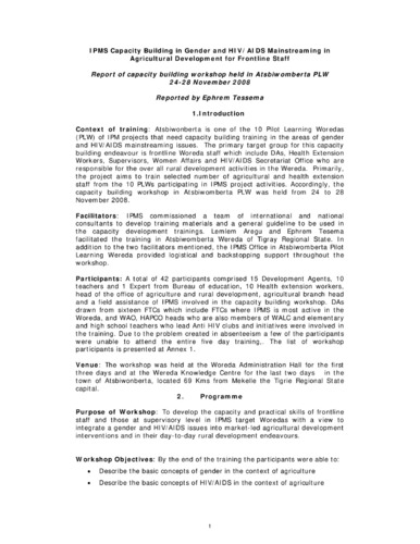 Report of the IPMS capacity building workshop on gender and HIV/AIDS mainstreaming in agricultural development for frontline staff, Atsbiwomberta PLW, 24-28 November 2008