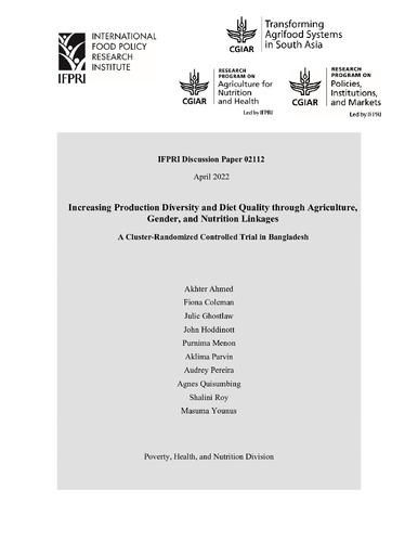 Increasing production diversity and diet quality through agriculture, gender, and nutrition linkages: A cluster-randomized controlled trial in Bangladesh
