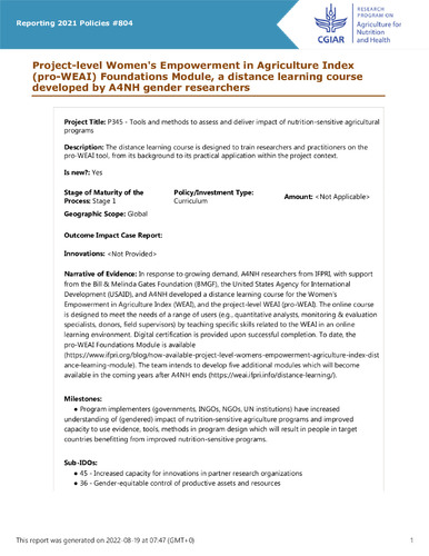 Project-level Women's Empowerment in Agriculture Index (pro-WEAI) Foundations Module, a distance learning course developed by A4NH gender researchers