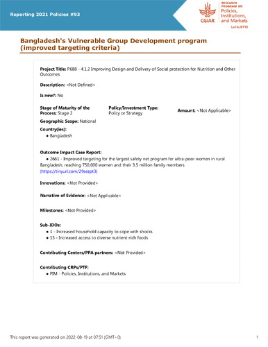 Bangladesh's Vulnerable Group Development program (improved targeting criteria)