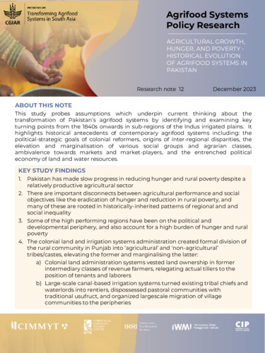 Agrifood systems policy research: agricultural growth, hunger, and poverty. Historical evolution of agrifood systems in Pakistan