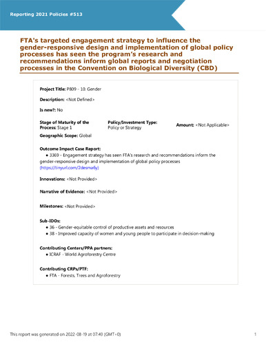 FTA's targeted engagement strategy to influence the gender-responsive design and implementation of global policy processes has seen the program’s research and recommendations inform global reports and negotiation processes in the Convention on Biological Diversity (CBD)