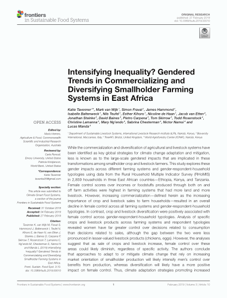 Intensifying inequality? Gendered trends in commercializing and diversifying smallholder farming systems in East Africa