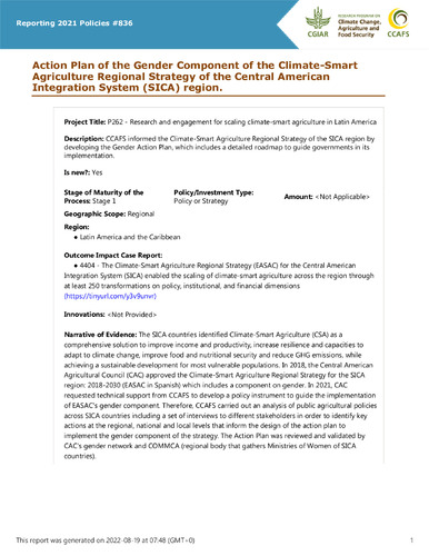 Action Plan of the Gender Component of the Climate-Smart Agriculture Regional Strategy of the Central American Integration System (SICA) region.