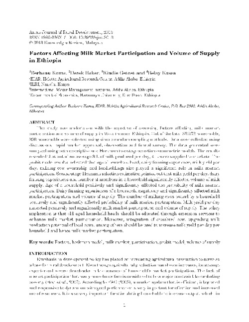Factors affecting milk market participation and volume of supply in Ethiopia