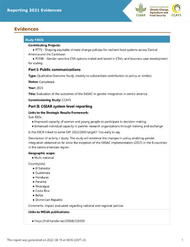 Evaluation of the outcomes of the EASAC in gender integration in centro america