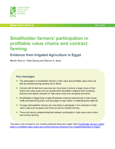 Smallholder farmers’ participation in profitable value chains and contract farming : Evidence from irrigated agriculture in Egypt