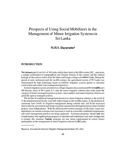 Prospects of using social mobilizers in the management of minor irrigation systems in Sri Lanka