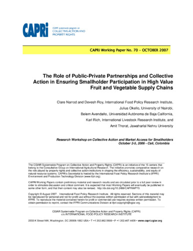 The role of public-private partnerships and collective action in ensuring smallholder participation in high value fruit and vegetable supply chains