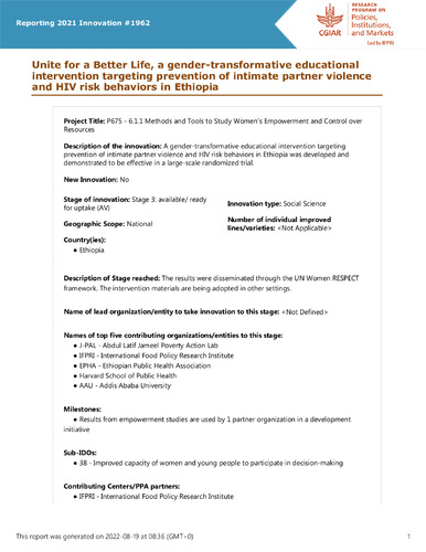 Unite for a Better Life, a gender-transformative educational intervention targeting prevention of intimate partner violence and HIV risk behaviors in Ethiopia