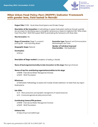 Milan Urban Food Policy Pact (MUFPP) Indicator Framework with gender lens, field tested in Nairobi
