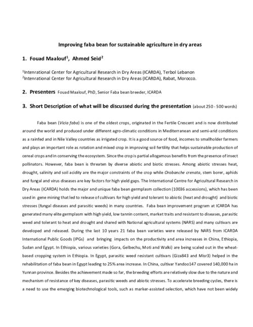 Trends in science - Faba bean - Improving faba bean for sustainable agriculture in dry areas