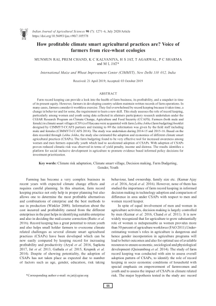 How profitable climate smart agricultural practices are? Voice of farmers from rice-wheat ecologies