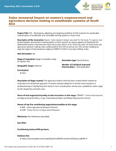 Index measured Impact on women’s empowerment and agriculture decision making in smallholder systems of South Asia
