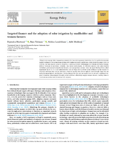Targeted finance and the adoption of solar irrigation by smallholder and women farmers