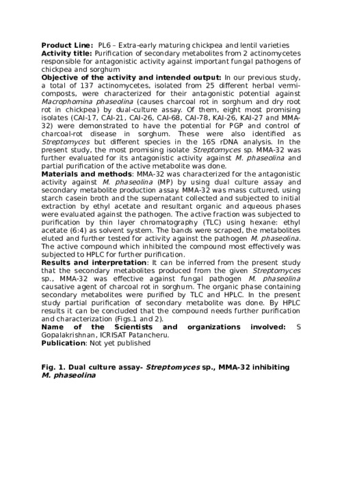 Purification of secondary metabolites from 2 actinomycetes responsible for antagonistic activity against important fungal pathogens of chickpea and sorghum