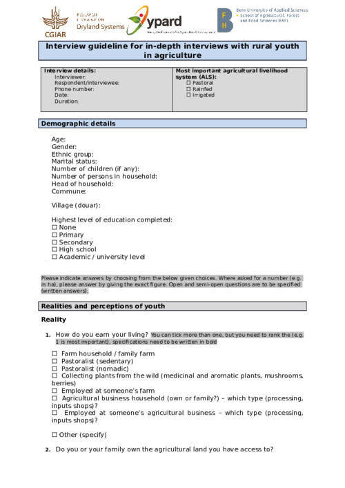 Interview guideline for in-depth interviews with rural youth in agriculture