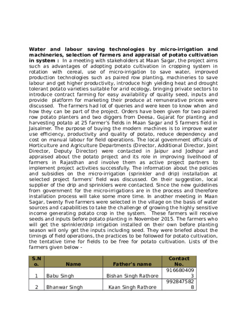 Water and labour saving technologies by micro-irrigation and machineries, selection of farmers and appraisal of potato cultivation in system