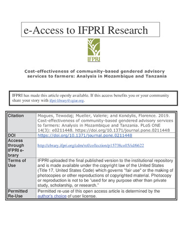 Cost-effectiveness of community-based gendered advisory services to farmers: Analysis in Mozambique and Tanzania
