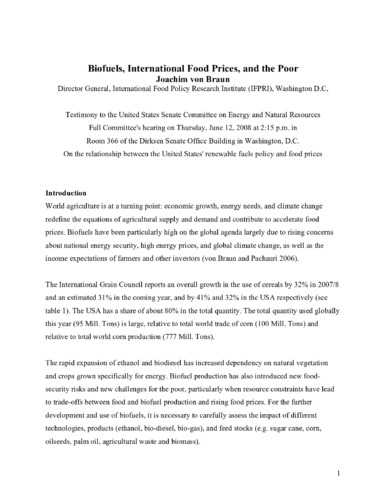 Biofuels, international food prices, and the poor
