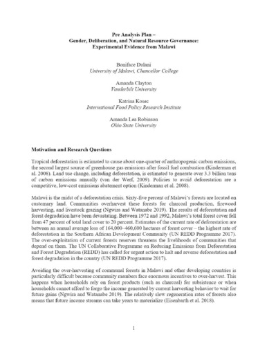 Gender, Deliberation, and Natural Resource Governance: Experimental Evidence from Malawi
