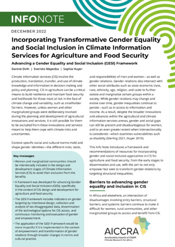 Incorporating Transformative Gender Equality and Social Inclusion in Climate Information Services for Agriculture and Food Security