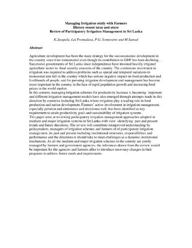 Managing irrigation jointly with farmers history, present status and future: review of participatory irrigation management in Sri Lanka