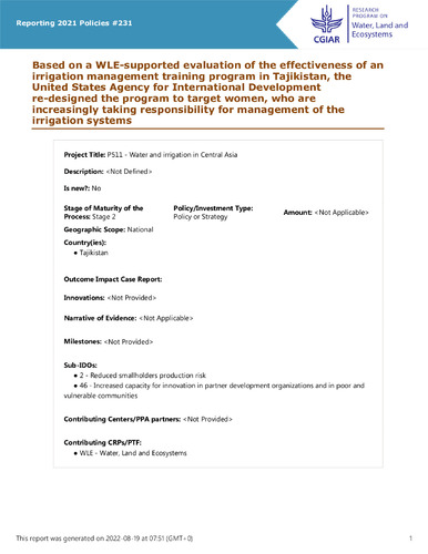 Based on a WLE-supported evaluation of the effectiveness of an irrigation management training program in Tajikistan, the United States Agency for International Development re-designed the program to target women, who are increasingly taking responsibility for management of the irrigation systems