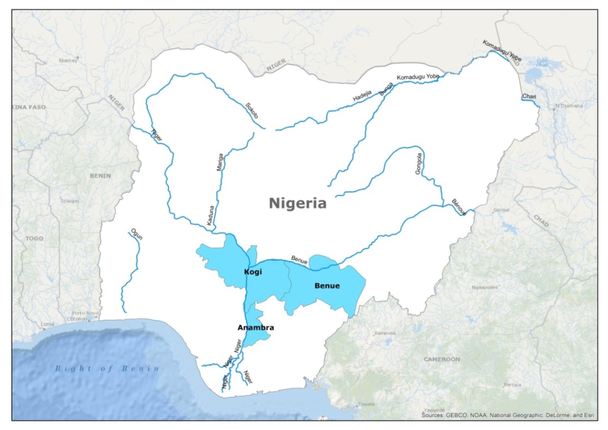 Monthly maximum flood inundation extent derived using MODIS 8-day 500m surface reflectance data for Nigeria (2001-Dec)