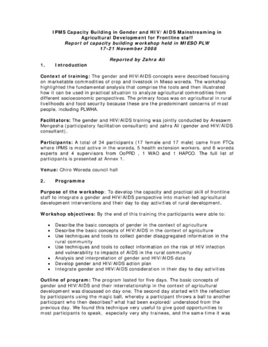 Report of the IPMS capacity building workshop on gender and HIV/AIDS mainstreaming in agricultural development for frontline staff, Mieso PLW, 17-21 November 2008