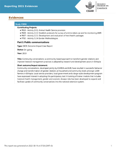 Community conversations: a community-based approach to transform gender relations and improve livestock management practices is adopted by research and development actors in Ethiopia