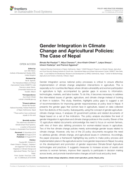 Gender Integration in Climate Change and Agricultural Policies: The Case of Nepal