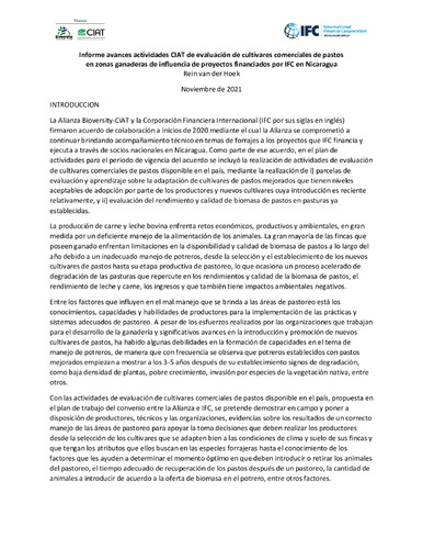 Informe avances actividades CIAT de evaluación de cultivares comerciales de pastos en zonas ganaderas de influencia de proyectos financiados por IFC en Nicaragua
