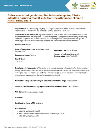 Index measured gender equitable knowledge for CSAPs adoption assuring food & nutrition security under climatic risks: Bihar, India