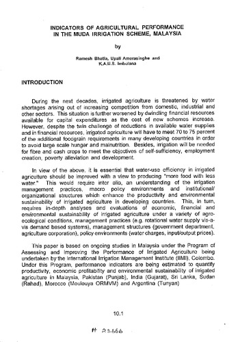 Indicators of agricultural performance in the Muda Irrigation Scheme, Malaysia