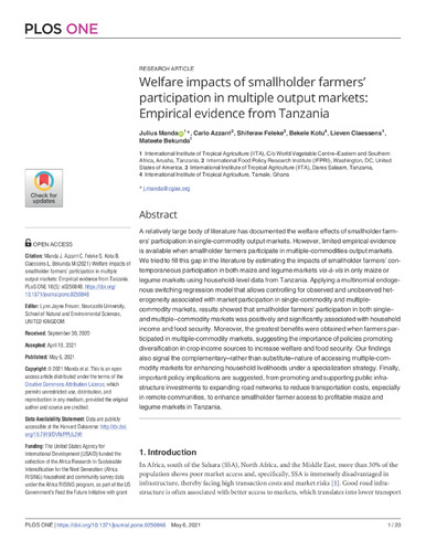 Welfare impacts of smallholder farmers’ participation in multiple output markets: empirical evidence from Tanzania