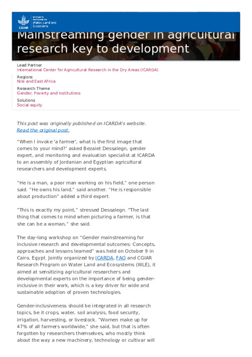 Mainstreaming gender in agricultural research key to development