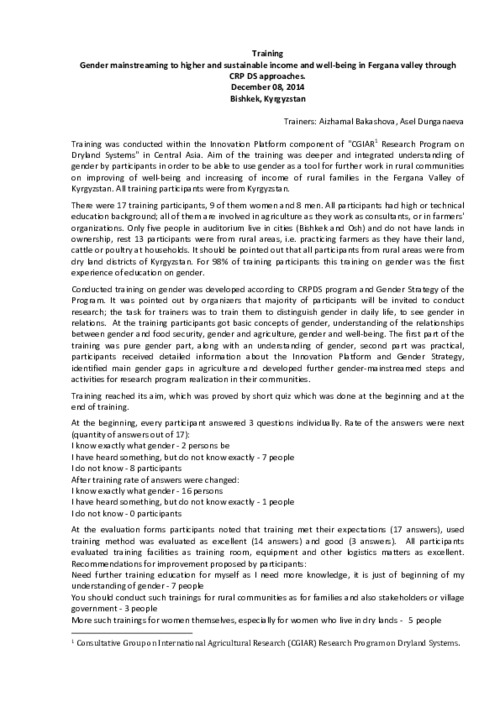 Training report: “Gender mainstreaming to higher and sustainable income and well-being in Fergana valley through CRP DS approaches”