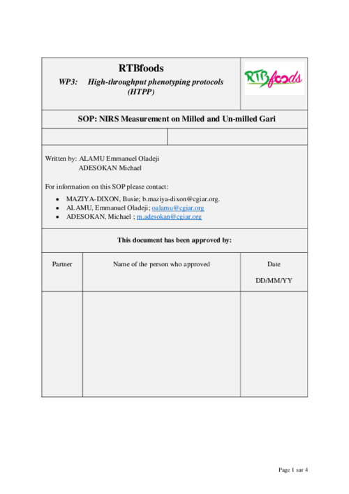Development of SOP for NIRS Analysis of milled and Un-milled gari using Near Infrared Reflectance Spectrophotometer