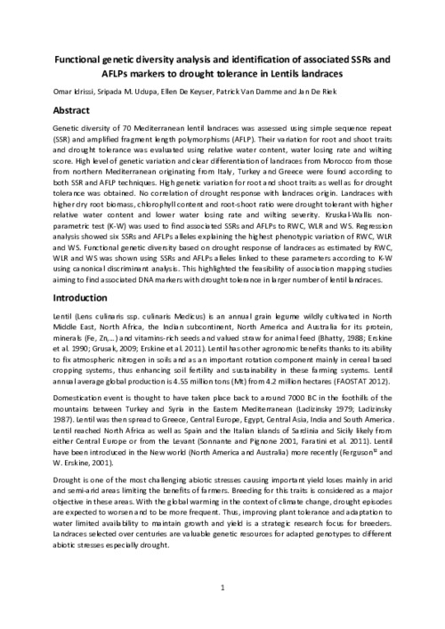 Functional genetic diversity analysis and identification of associated SSRs and AFLPs markers to drought tolerance in Lentils landraces