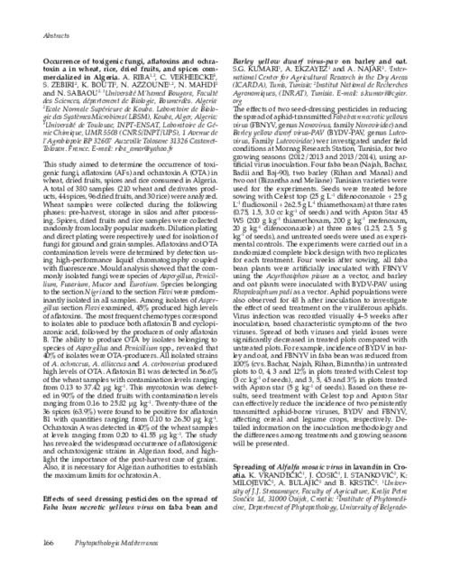 Effects of seed dressing pesticides on the spread of Faba bean necrotic yellows virus on faba bean and Barley yellow dwarf virus-PAV on barley and oat
