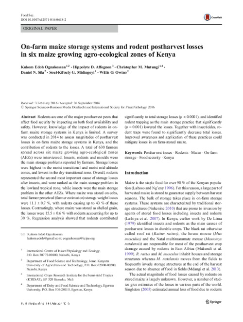 On-farm maize storage systems and rodent postharvest losses in six maize growing agro-ecological zones of Kenya