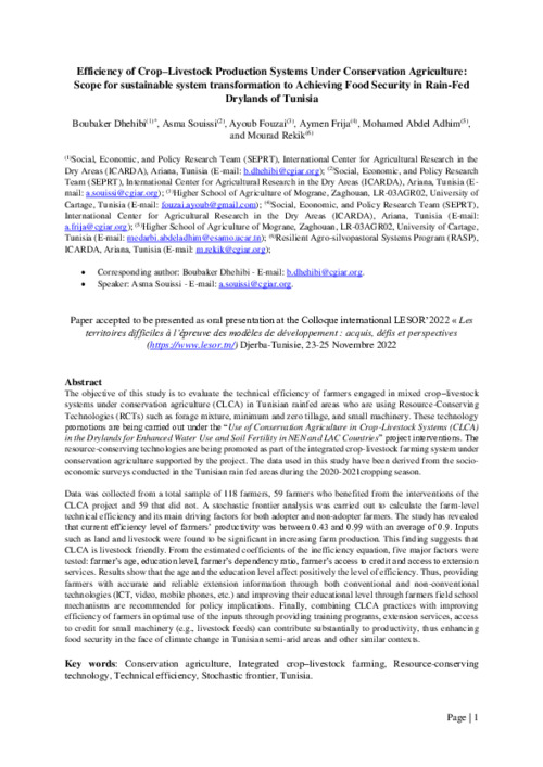 Efficiency of Crop–Livestock Production Systems Under Conservation Agriculture: Scope for sustainable system transformation to Achieving Food Security in Rain-Fed Drylands of Tunisia