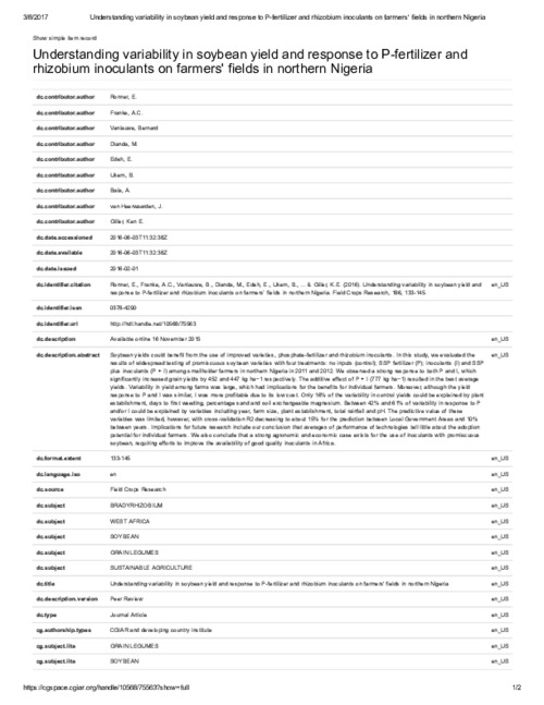 Understanding variability in soybean yield and response to P-fertilizer and rhizobium inoculants on farmers' fields in northern Nigeria