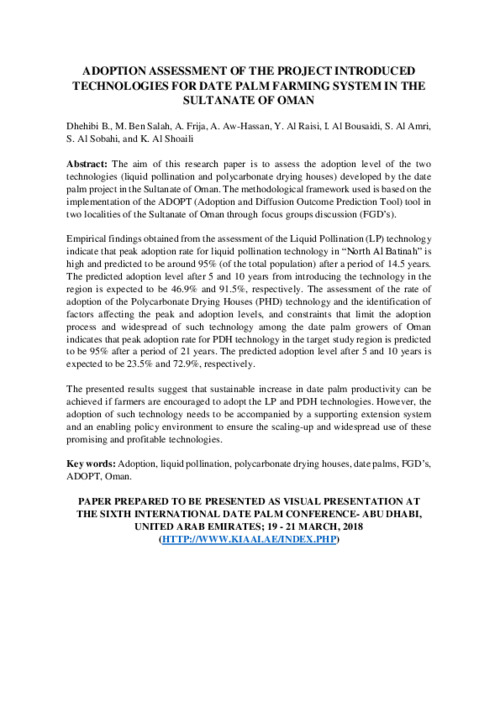 Adoption assessment of the project introduced technologies for date palm farming system in the Sultanate of Oman