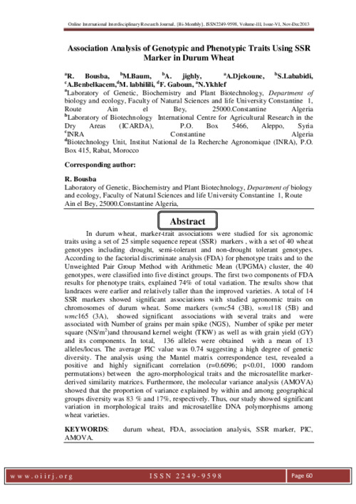 Association Analysis of Genotypic and Phenotypic Traits Using SSR Marker in Durum Wheat