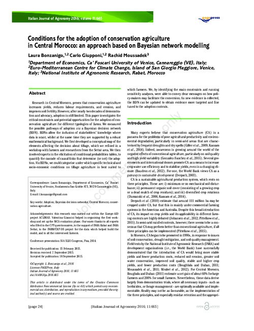 Conditions for the adoption of conservation agriculture in Central Morocco: an approach based on Bayesian network modelling